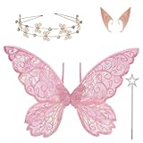 4 Pcs Butterfly Fairy Wings for Adults and Girls Fairy Wings with Butterfly Headband Elf Ears & Wand,Fairy Costume Pink