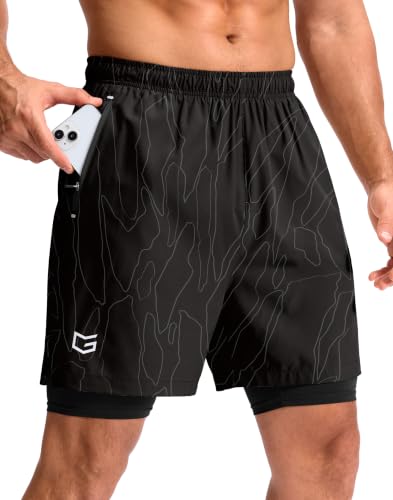 Men's Running Gym Shorts Compression Liner 7"(Black Graphite Stripe,L7_XS)