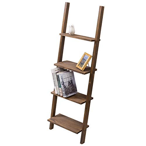 MyGift 4-Tier Burnt Wood Decorative Wall-Leaning Ladder Shelves