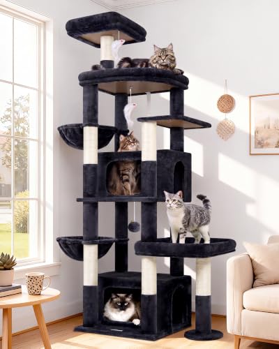 Image of Globlazer Cat Tree for Large Cats, 75in Tall Multi-Level Heavy Duty Cat Tower for Indoor Cats with Extended Platform, 2 Spacious Condos, 2 Padded Perches, 6 Sisal Scratching Posts, S75, Dark Grey
