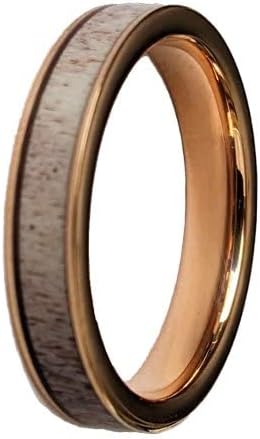 18K Rose Gold Ring Deer Antler Wedding Bands for Men and Women 4mm Tungsten Rings with Antler Inlay Stag Couples Set Thin Rustic Anniversary Gifts for Him