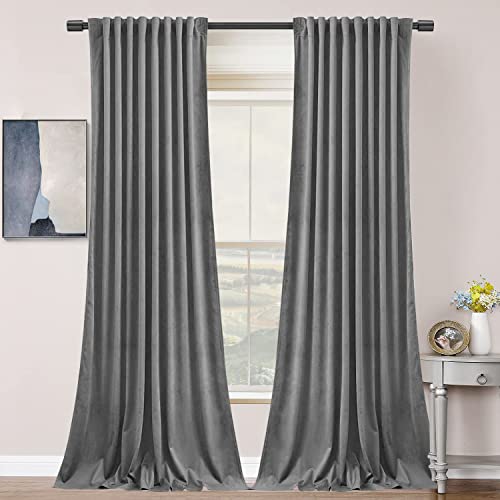 SNITIE Grey 96 in Long Velvet Curtains with Back Tab and Rod Pocket Thermal Insulated Soft Privacy Light Filtering Velvet Drapes for Bedroom and Living Room, Set of 2 Panels, 52 x 96 Inches Long by SNITIE - Used condition - US$15.79