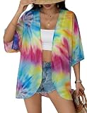 Chunoy Women Summer Tie Dye Open Front Blouse Top Short Chiffon Kimono Cover Up Small