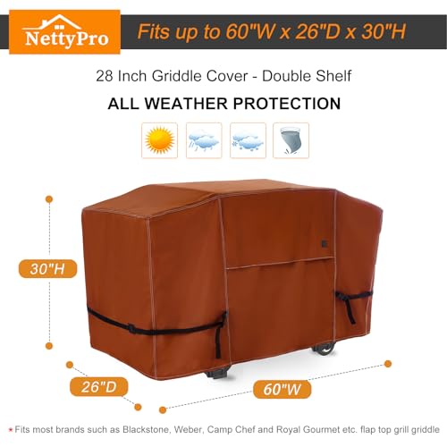 NettyPro Griddle Cover for Blackstone 28 inch Griddle Waterproof Heavy Duty 2 Burner Flat Top Gas Grill Cover for Blackstone 28\" Griddle Cooking Station Camping, Brown