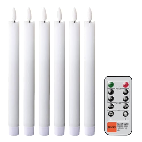 Image of Flameless Taper Candles Battery Operated Flickering Flame with Remote Timer, 6PCS White Real Wax LED Flameless Candlesticks for Festival Home Wedding Living Room Decor(9.64 x 0.78 Inch)