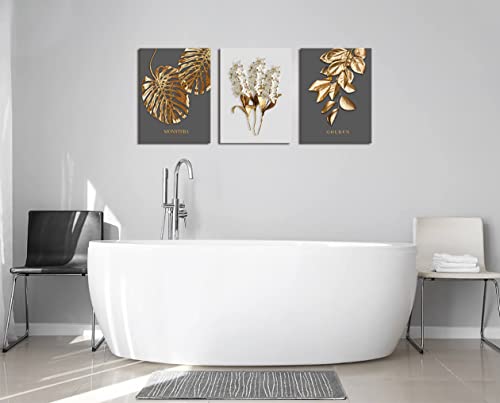 Gray And Gold Boho Abstract Wall Art 3 Pieces Modern Stretched And Framed White Flower Gold Leaf Canvas Paintings For Living Room Home Office And Bedroom Bathroom Wall Decor Canvas Size: 12"X16"X3 #TOP2