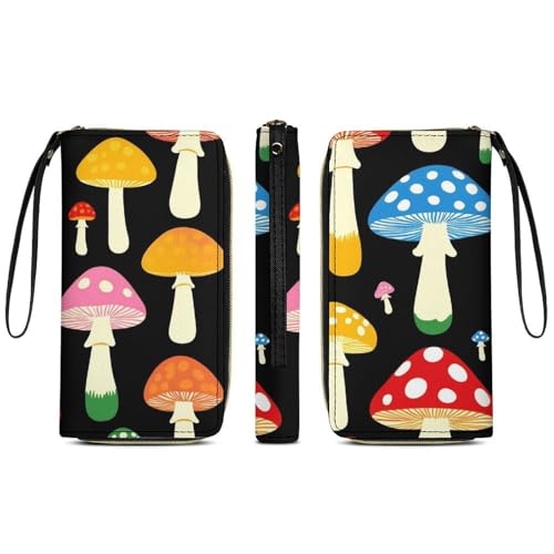 Travel Credit Card Holder Wallet for Women, Pu Leather Slim Card Holder Case Wallet Cute Mushrooms Ladies Funny Mushroom Long Purse with Wrist Strap