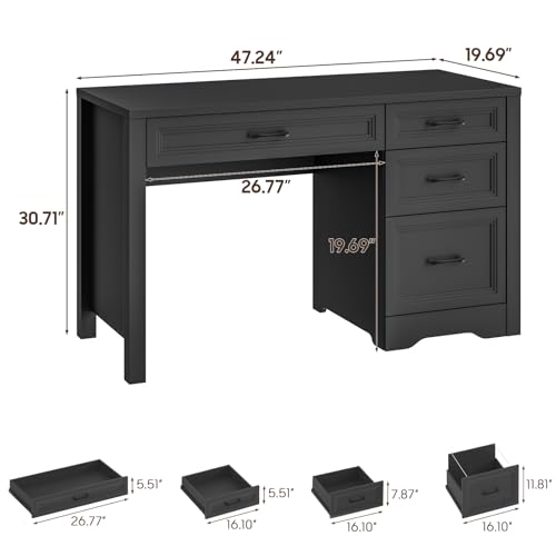 Image of Vabches Farmhouse Executive Desk with Storage and Ample File Drawer, Rustic Large Home Writing Desk for Bedroom, Pure Black
