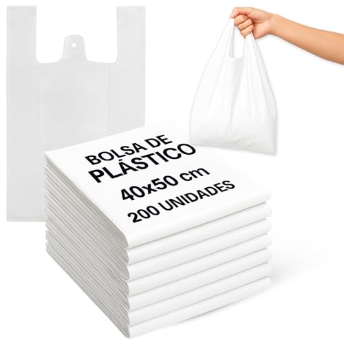 Bolsas de Plastico, Bolsa Tipo Camiseta, Bolsas economicas, Apto para objetos pequeños de poco peso, Fabricada en España, grosor de 12,5 micras (Galga 50), Blanco, 30x40 cm Desplegada, 200 unidades