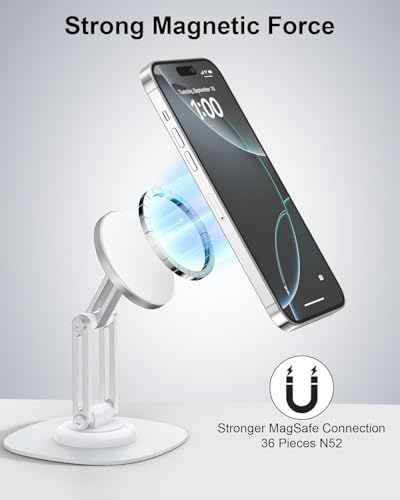 Image of RIGGEAR Premium Magnetic Phone Stand for Desk, with 360 Rotating, Non-Slip Base, Foldable Metal Stand for Mobile /iPad Compatible with MagSafe iPhones and Android Phones (NOT A Charger)- White