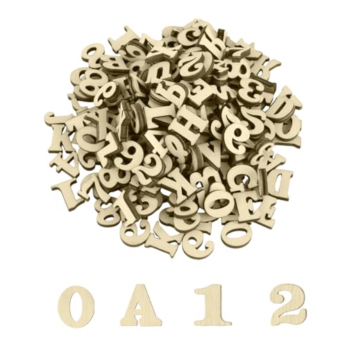 AVUELOI Lettres et chiffres en bois 200 pièces 15mm brut pour DIY, décoration mariage, fête, affichage, accessoires création, scrapbooking, loisirs...