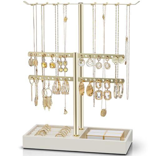 Vlando アクセサリースタンド 2段 ネックレススタンド PUレザー トレー アクセサリー収納 ネックレス ピアス リング フック 誕生日プレゼント 女性用（アイボリー）