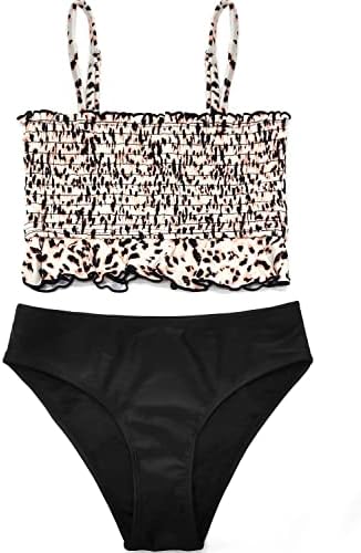 SHEKINI Girls Ruffle Trim Bandeau Bikini Shirred Bandeau Two Piece Swimsuits (12-14 Years, Black)