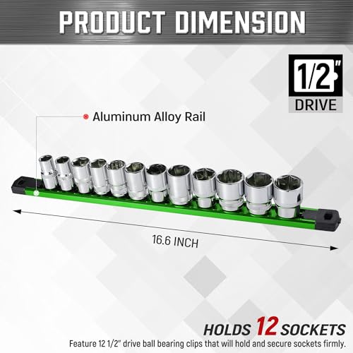 Image of ALOANES Magnetic Socket Organizer 1 /2-Inch Drive, Heavy Duty Aluminum Socket Rail Organizer, Socket Holder Kit for Tool Box x 12 Clips (Green)