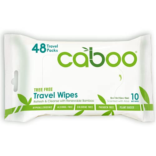 Caboo Tree Free Bamboo Travel Size Wet Wipes, Eco Friendly Baby Wipes for Sensitive Skin, 48 Resealable Peel Tab Travel Packs, 10 Wipes Per Pack, Total of 480 Wipes