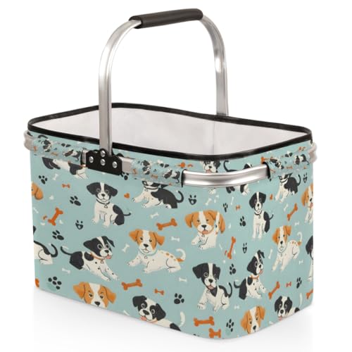 Tablerazzi Cute Dogs with Bone Folding Picnic Basket Large Reusable Shopping Basket Collapsible Grocery Bag with Handle Aluminum Frame Market Basket