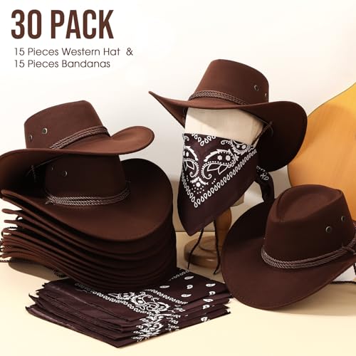 Image of Coume 15 Set Western Cowboy Hat Costume Accessories Paisley Bandanna Cowgirl Hats Bulk for Adult Women Men Dress Party