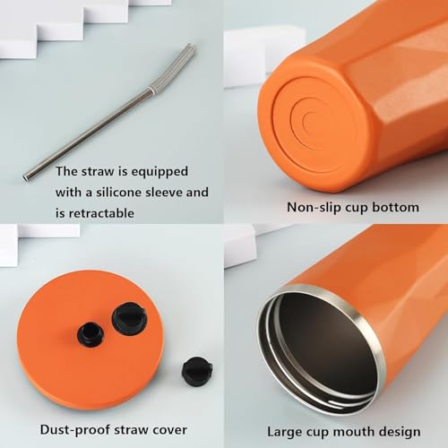 Image of YELONA 600 ml Vacuum Insulated Tumbler with Retractable Straw | Stainless Steel Portable Mug for Hot & Cold Beverages | Leak-Proof, Twist-Off Lid Flask for Coffee, Tea, Juices & More - Hot Orange
