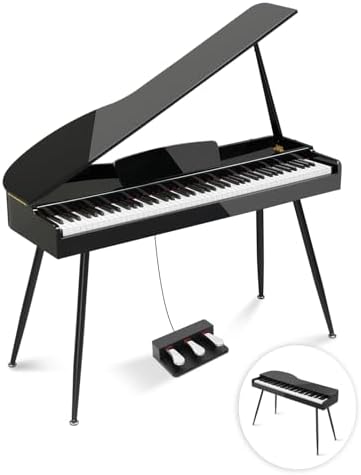 Ktaxon Grand Piano 88 Key Weighted Keyboard with High-Gloss Lacquer Finish, Streamlined Arched Body, Foldable Lid, Immersive 4-Speaker Sound, Bluetooth MIDI/Audio and Headphone jack (Black)