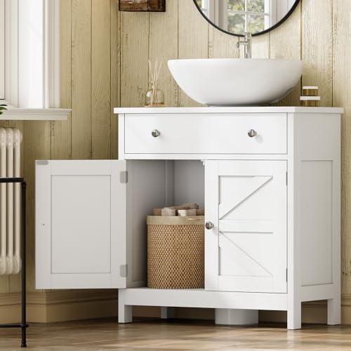 Image of TEENFON Pedestal Sink Storage Cabinet with 2 Barn Doors and Drawer, Bathroom Sink Cabinet with U-Shape Cut-Out, Pedestal Sink Cabinet, White
