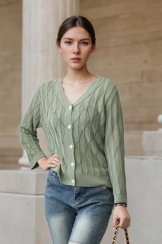 Image of Women's 2025 Crochet Sweater Cardigan 3 /4 Sleeve Lightweight Summer Knit Sweater | Open Front Boho Shrug Top | Beach Cover-Up & Office Wear | Machine Washable 21-Green-L