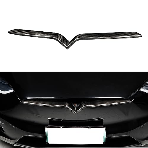 JSWAN Carbon Fiber Front Center Mesh Grille Grill Cover for Tesla Model X (2019-2024) Front Bumper Lip Splitter Front Grille Insert Trim, Car Body Spoiler Splitter Kit (Bright Black)