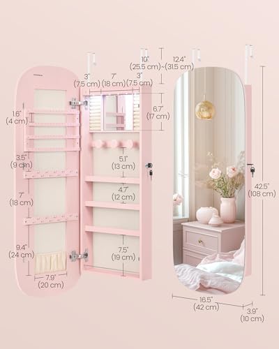 Image of SONGMICS Jewelry Organizer, LED Jewelry Cabinet Wall /Door Mounted, Lockable Rounded Wide Mirror with Storage, Interior Mirror, 3.9 x 16.5 x 42.5 Inches, Jelly Pink Surface with Cream White Lining