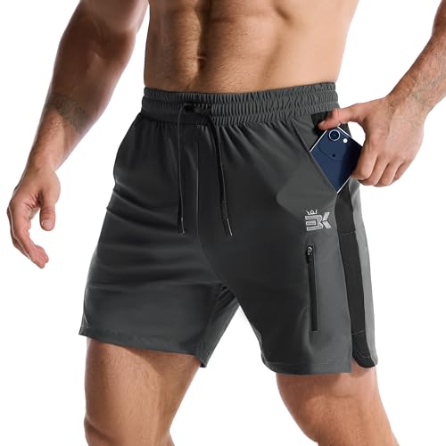 BROKIG Leichte Sporthose Herren Kurz Schnell Trocknend Laufhose Herren Kurz Workout Gym Shorts mit Reißverschlusstasche (Dunkelgrau S)