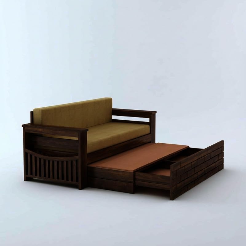 Image of Amazon Brand - Solimo Sheesham Wood Italian 3 Seater Sofa Cum Bed with Drawer and Side Pocket Storage | Wooden Bed with Cushion | Multipurpose Sofa Furniture for Home & Living Room (Walnut Finish)