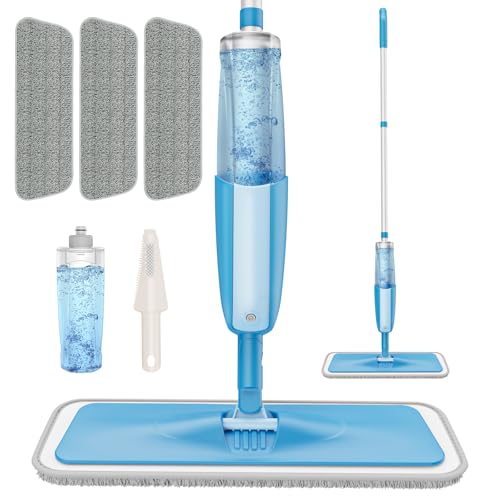 PAPCLEAN Microfibre Spray Mop with 3 Reusable Pads and Refillable Bottle, 360 Degree Spin Mop for Hardwood, Marble, Tile, Laminate, or Ceramic Floors - Cyan Blue