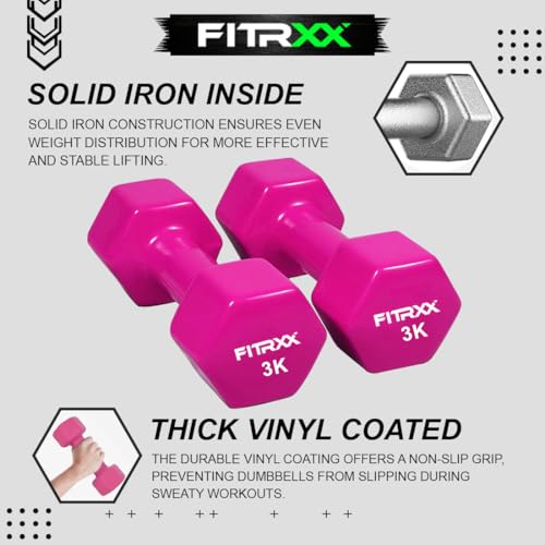 Image of Fitrxx Vinyl Dumbbells With Stand | Men and Women | Non-Slippery Dumbbell for Home and Gym | Full Body Workout (Pink, 1 kg, 2 kg, 3 kg = 12 Kg)