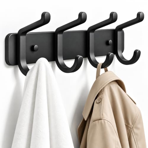 Heavy Duty Coat Rack Wall Mounted, Metal Wall Hook Rack with 4 Double Hooks for Coats, Hats, Jackets, Robes, Towels, Keys, Backpacks and Purses, Entryway, Closet, Mudroom, Bathroom (Black, 1 Pack)