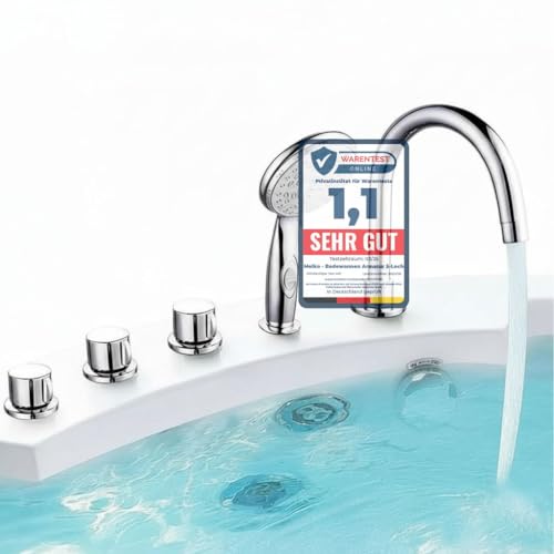 Melko Badewannenarmatur mit Handbrause 5-Loch Wannenrandarmatur Chrom Fliesenrandarmatur Aufsatz-Wasserfall-Badewannenarmatur