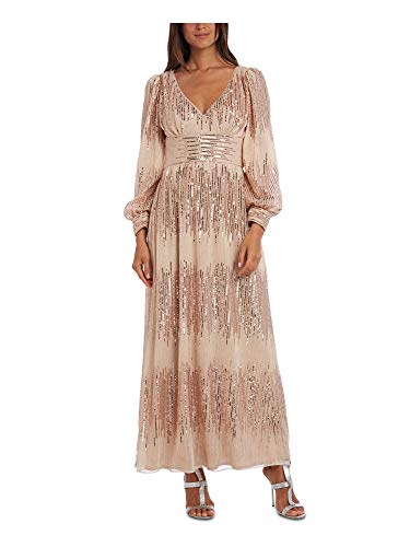 R&M Richards Womens Gold Sequined Long Sleeve V Neck Maxi Sheath Evening Dress Size 4P