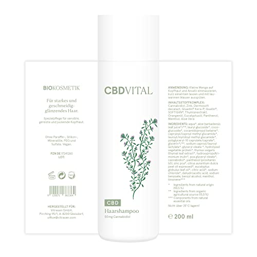 CBD Haarshampoo mit 50mg Cannabidiol | Bio Naturkosmetik | 100% vegan | Für normale und irritierte Kopfhaut | Geeignet für Herren & Damen | Mit Thymianextrakt & Zink | 50 mg Cannabidiol | CBDVITAL