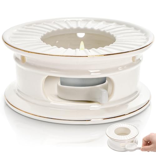 Nagpew Ceramic Teapot Warmer, Gold Rim Teapot Heater with Tealight Holder, White Porcelain Tea Kettle Holder Warming Base for Heating Coffee, Milk, Water, Soup