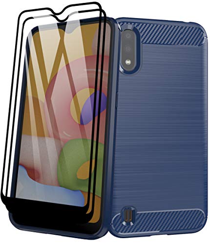 Aliruke Case for Samsung Galaxy A01 Case with Tempered Glass Screen Protector[2 Pack], Slim Shockproof TPU Bumper Cover Flexible Lightweight Protective Phone Case for Samsung Galaxy A01 A015, Blue