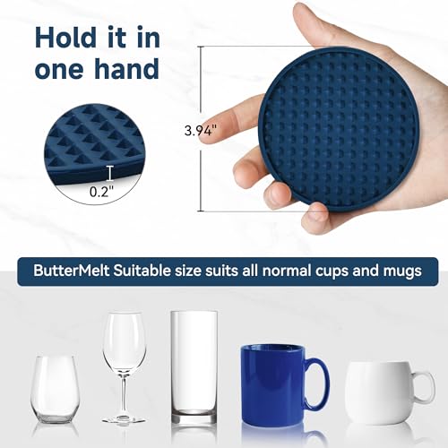 ButterMelt Coasters for Drinks, Silicone Coasters Set of 6 with ABS Holder, Outdoor Coaster for Coffee Table, Non-Slip Rubber Table Cup Mat Desk, Heat Resistant & Scratch-Proof (Navy Blue)