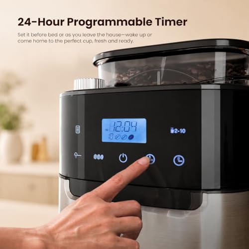 Image of Kismile 10-Cup Digital Drip Coffee Maker with Built-In Grinder, Programmable, 24H Timer, Keep-Warm Function, Customizable Strength & Grind Size, Coffee Machines with Smart LED Touchscreen
