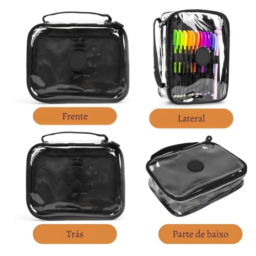 Estojo Escolar Juvenil Transparente Alça de Mão Porta Lápis Necessaire Bolsinha Cosmético Acessórios