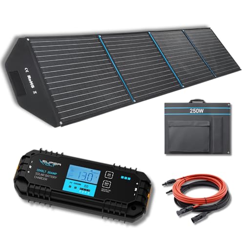 Supervolt Faltbares 250W Solarpanel mit 20A PWM Solar Laderegler & 2×5 m Kabel | Tragbares monokristallines Solarmodul für Camping, Wohnmobil, Boot & Garten | Ideal für LiFePO₄ & autarken Betrieb