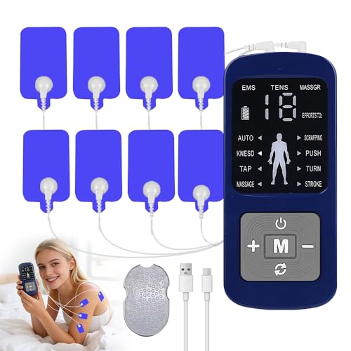 XPJBKC TENS EMS Gerät, Wiederaufladbare Reizstromgerät mit 8 Elektroden Pads, 2 Kanäle, 8 Modi & 19 Stärkestufen, Massage für Muskeltraining, Schmerzlinderung