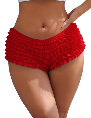 ohyeah Womens Mesh Bloomers Ruffle Shorts Mini Micro Shorts Cotton Soft Y2k Cute Fairy Pajamas Bottoms Low Rise Boyshorts Bikini Panties Red