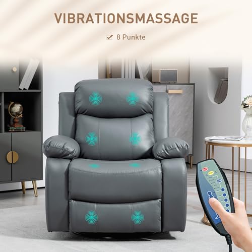 HOMCOM Relaxsessel mit Massagefunktion, Elektrisch Fernsehsessel mit 8 Vibrationsköpfen, Wippfunktion, Drehbar Liegesessel mit Fernbedienung und Seitentasche, Kunstleder, Grau – Bild 5