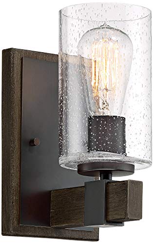 Image of Franklin Iron Works Poetry Industrial Farmhouse Rustic Wall Light Sconce Bronze Wood Grain Hardwired 4 3 /4 inch Fixture Clear Seedy Glass Shade for Cottage Core Bedroom Bedside Bathroom Vanity