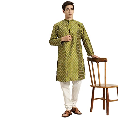Image of SOJANYA, Men's Silk Blend NavyBlue Kurta with Multi Color Embroidery and Off-White Pyjama