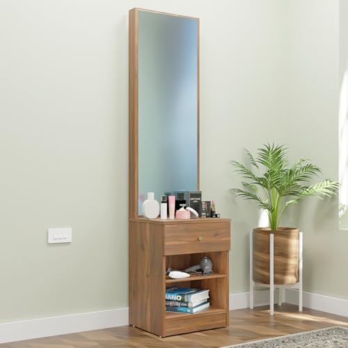 Image of VIKI | Engineered Wood Dressing Table with 1 Drawer, Mirror and Huge Storage Space | Vanity for Living Room, Bedroom (Brussel Walnut - 43.8W x 40D x 182.6H cms)