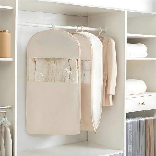 Space Saving Hanging Garment Bag with Self Compression Zipper, 2025 New Large Capacity Long Hanging Clothes Compression,Thick Satin Fabric Dust Cover Clothes Suit Bags for Coats, Down,Dress(Beige,XL)