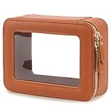 Aveniee Clear Makeup Bag, Travel Toiletry Case Car Accessories Organizer for Women, Heavy Duty Clear Pouch with Dual Zippers(Brown)