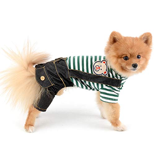 Selmai Dog Outfits For Small Dogs Boy Summer Fashion Stripe Bear Shirts Denim Bib Pants Jumpsuits One Piece Apparel For Cats Puppies Chihuahua Clothes Adorable Rompers For Medium Pet 4 Legs Green S #TOP1